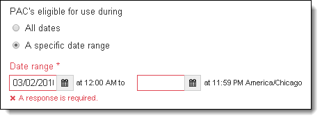 Date range response is required error message.